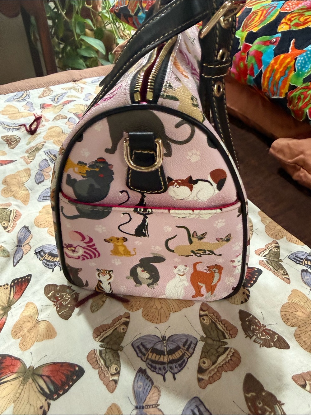 Dooney & Bourke Pink Multi-Cat Printed Satchel with Black Trim - Picture 4 of 5